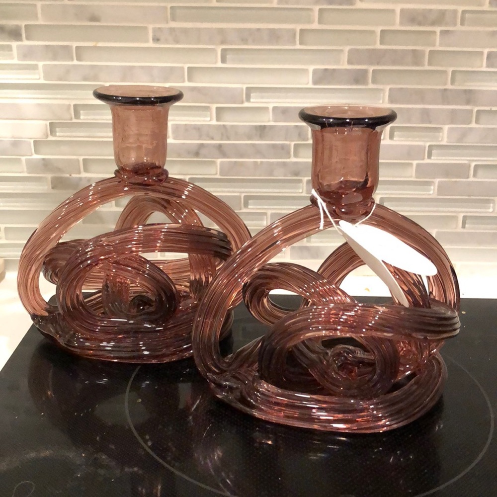 Anthropologie Twisted glass purple candle stick holders